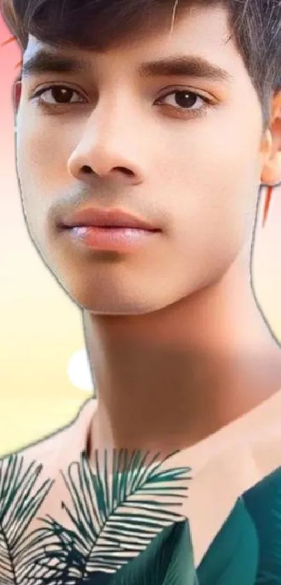Tropical-themed wallpaper with human portrait and pastel hues.