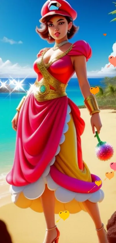 Vibrant tropical princess on a beach with ocean backdrop.