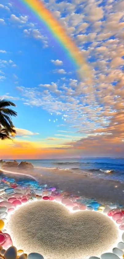 Tropical beach wallpaper with rainbow and heart-shaped sand design.