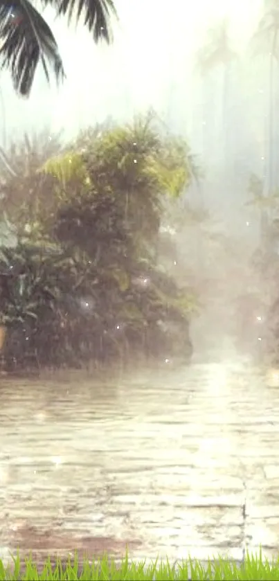 Tropical rainforest with rain falling gently, lush greenery, and serene atmosphere.