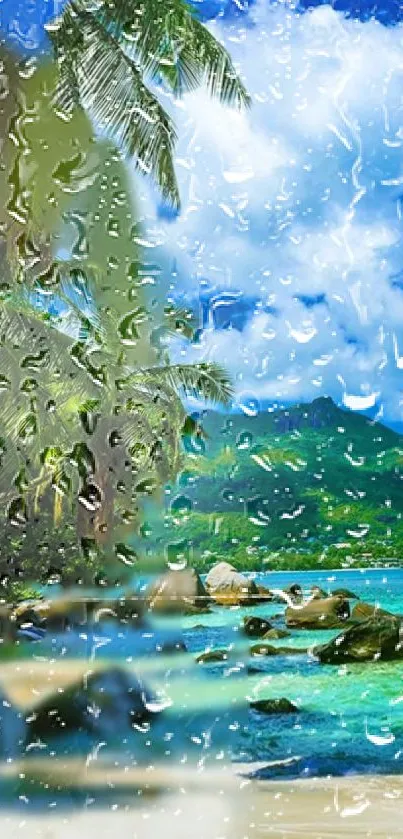 Rainy tropical beach scene with palm trees and turquoise waters.