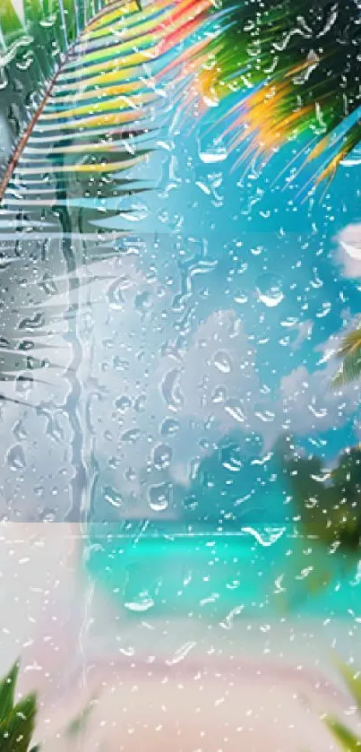 Tropical beach wallpaper with raindrops on palm leaves and ocean view.