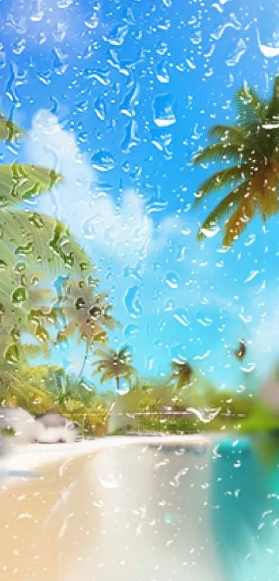 Tropical beach wallpaper with raindrops and palm trees.