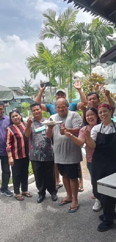 Group enjoying a poolside tropical resort gathering.