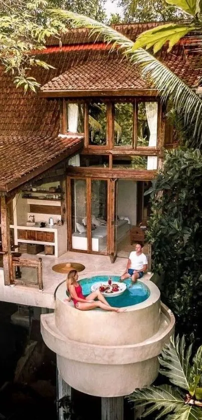 Luxurious balcony with pool view in a tropical setting, lush greenery around.