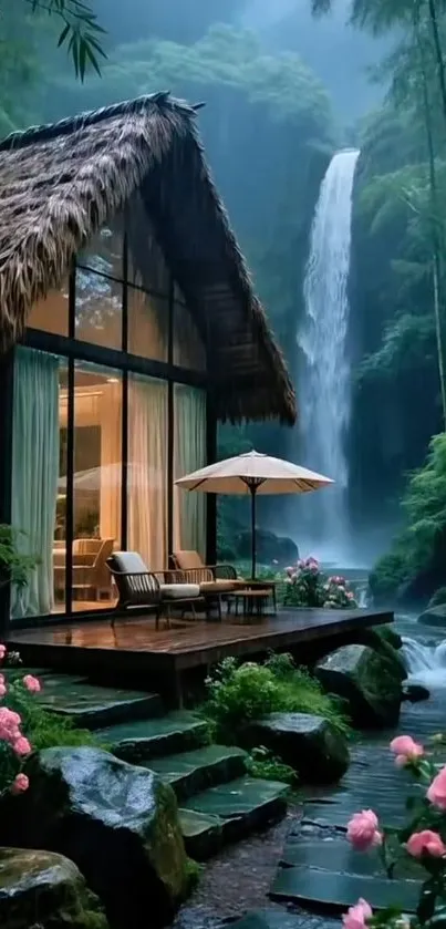 Tropical retreat with lush greenery and a waterfall