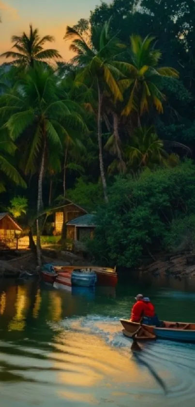 Tropical river and boats at sunset with palm trees.