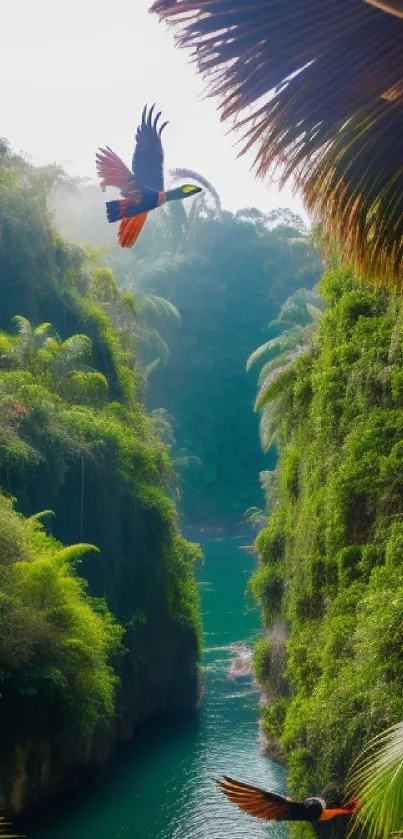 Tropical paradise with river and birds in lush green landscape.