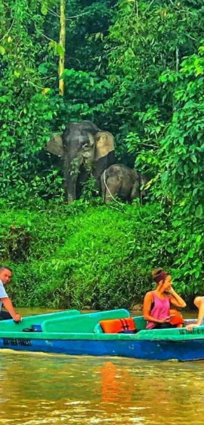 People on a river safari boat with elephants in lush jungle.