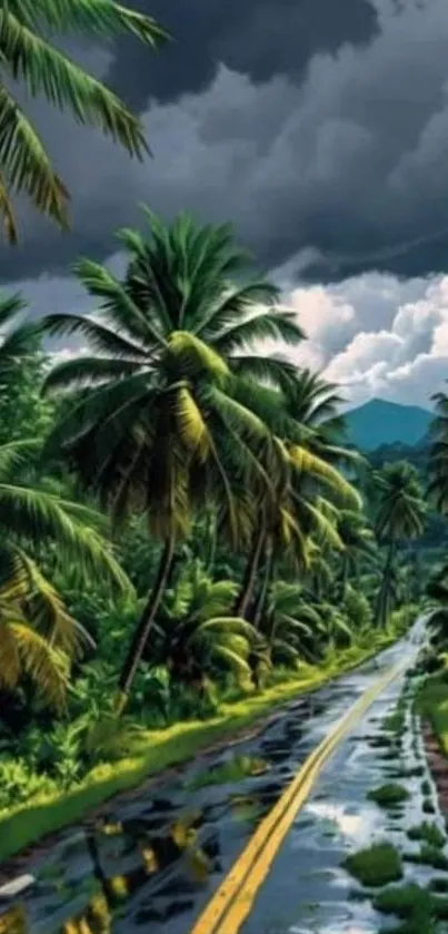 Lush tropical road with palm trees under stormy skies.
