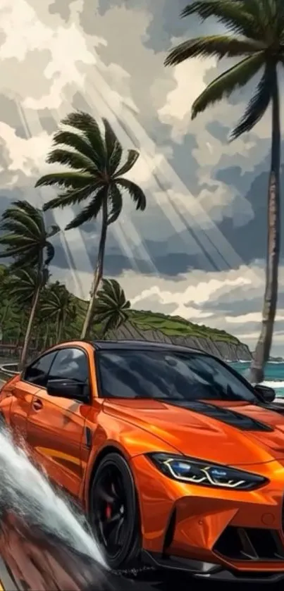 Orange sports car racing on a tropical coastal road under palm trees.