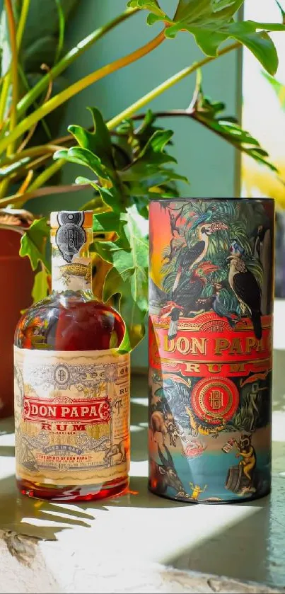 Vibrant display of Don Papa rum bottle in tropical setting.