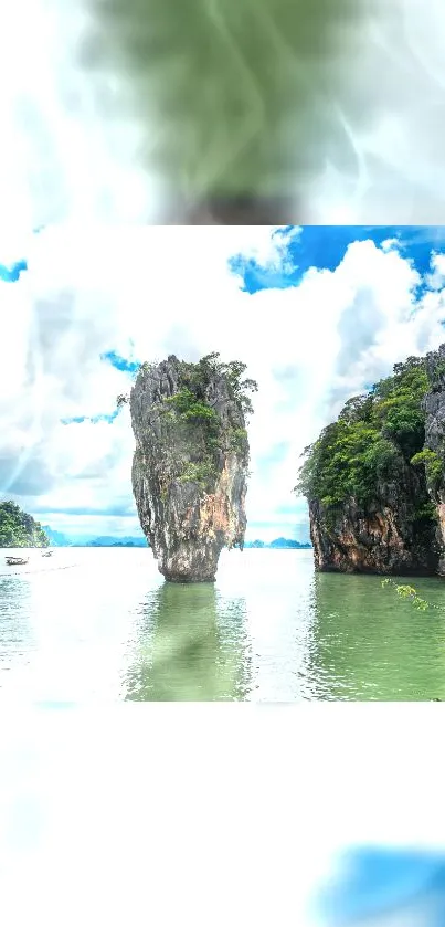 Tropical rock formation in serene blue sea.