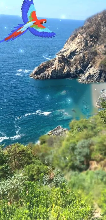 Tropical ocean view with vibrant parrot soaring above coastline.