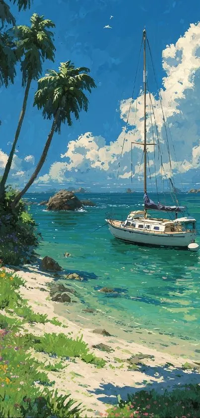 Scenic tropical beach with sailboat and palm trees under a blue sky.