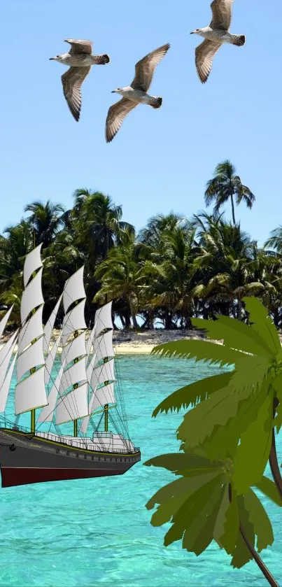 Tropical seascape with ship, palm trees, and seagulls.