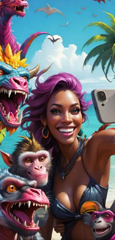 Woman and creatures taking a selfie on a tropical beach.