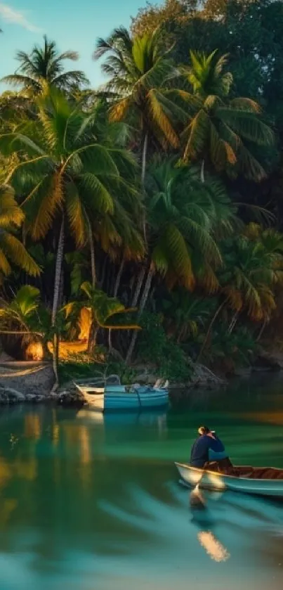 Tropical lagoon with palm trees and a small boat at sunset.