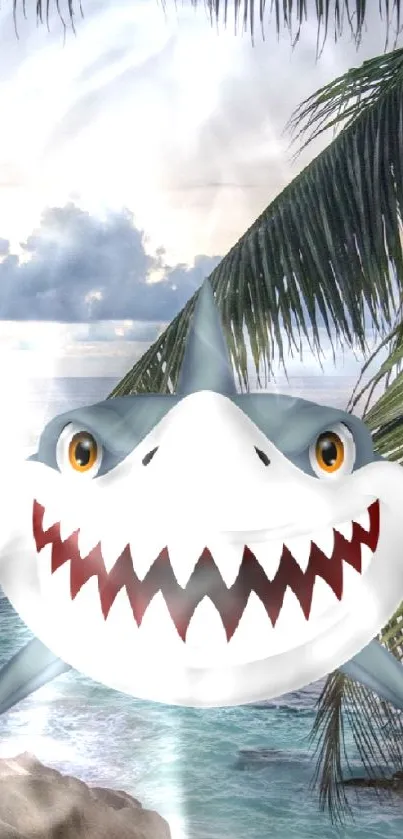 Shark emoji with tropical beach scenery and palm trees.