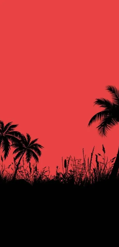 Tropical palm tree silhouette on vibrant red background.