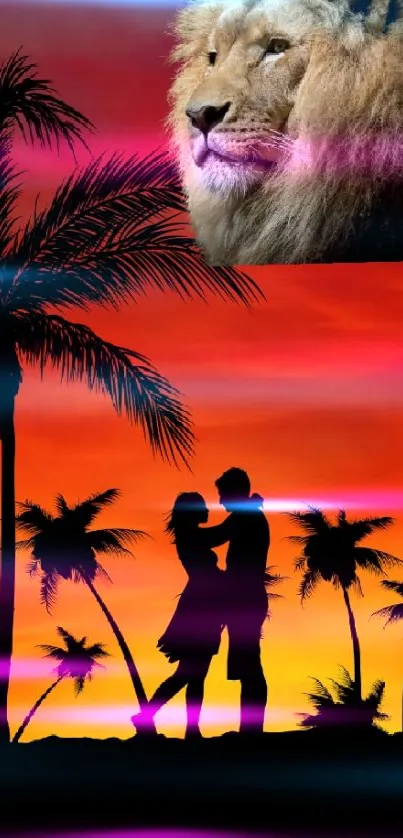 Silhouette of a couple with a lion at sunset.