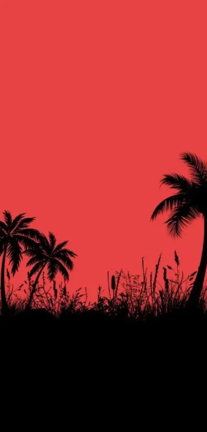 Bold tropical silhouette with palms on a vibrant red background.