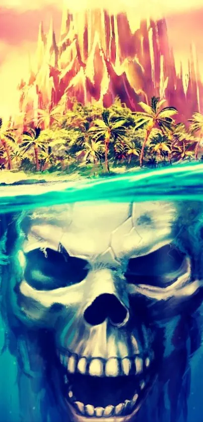 Tropical island with skull beneath ocean in vibrant colors.