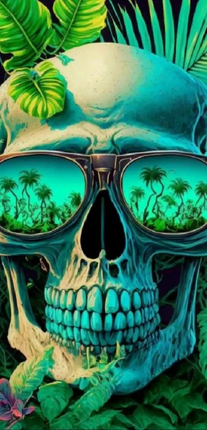 Vibrant skull with tropical leaves and reflections of palm trees.