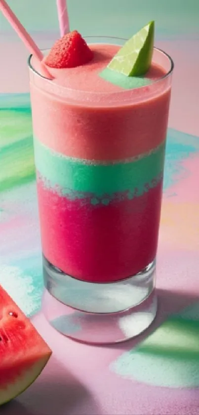 A vibrant tropical smoothie with colorful layers in a glass.