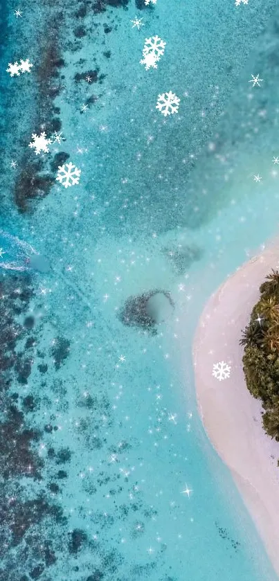 Aerial view of a turquoise beach with snowflakes and palm island.