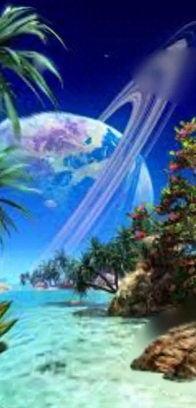 Tropical fantasy wallpaper with planets and ocean