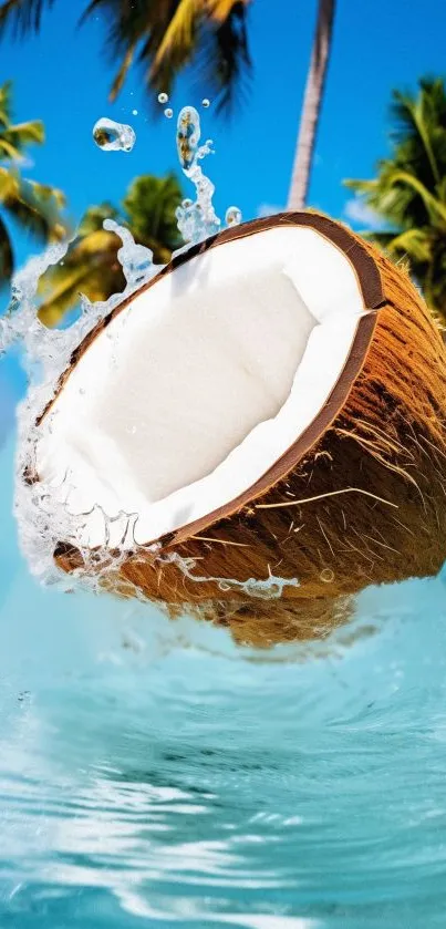 Coconut splashing in a tropical ocean with palm trees.