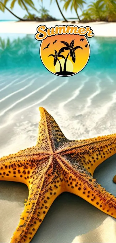 Starfish on a sandy beach with tropical background.
