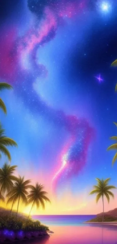 Tropical landscape with starry night sky and palm trees in vibrant colors.