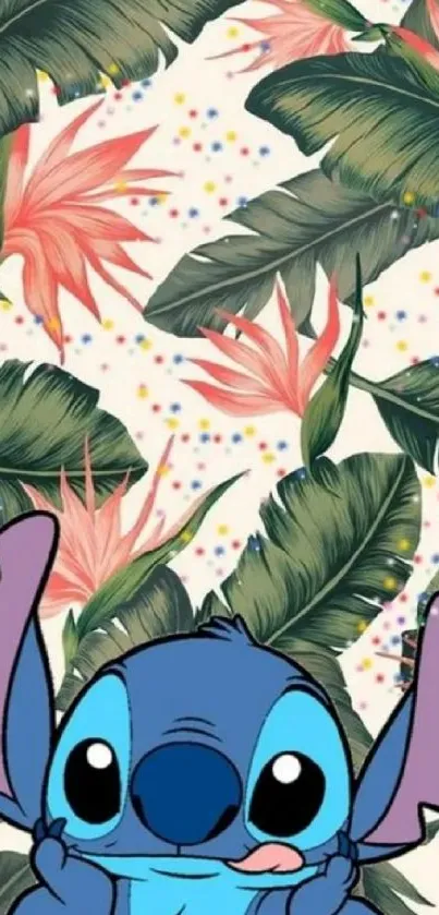 Stitch cartoon with tropical leaves and flowers.