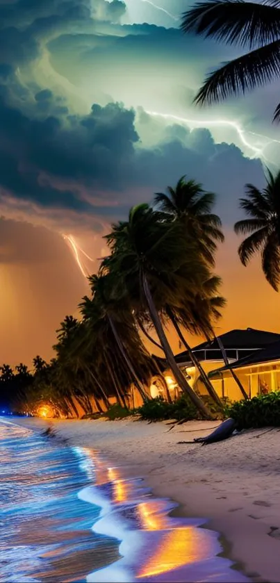 Stormy tropical beach with lightning and palm trees.
