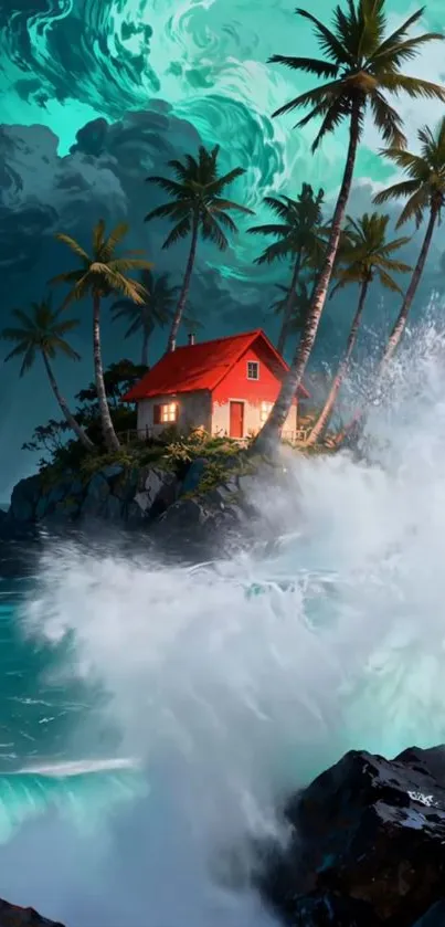 Red house on stormy island with palm trees and waves.