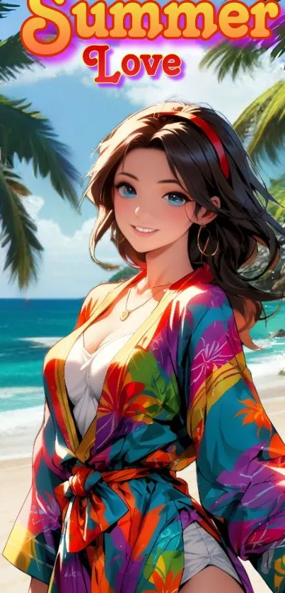 Vibrant beach wallpaper with tropical theme and animated girl under palm trees.