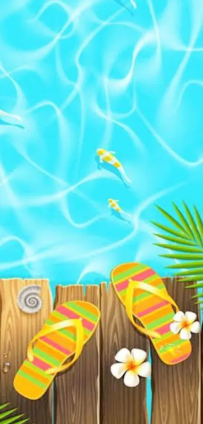 Tropical wallpaper with koi fish and palm leaves in blue waters.