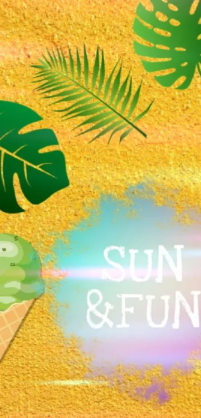 Tropical wallpaper with green leaves, ice cream, and 'Sun & Fun' on yellow background.