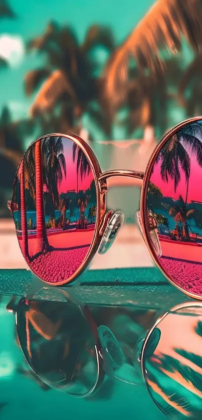 Sunglasses reflecting a tropical beach scene with vibrant coral and turquoise hues.