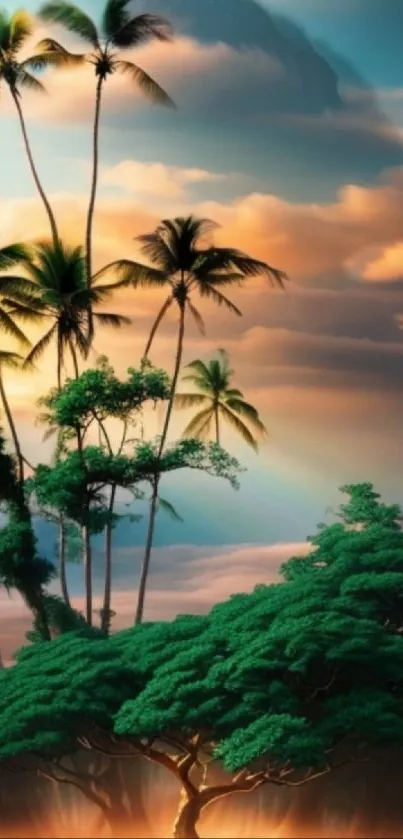 Tropical landscape with a sunrise, palm trees and a vibrant sky.