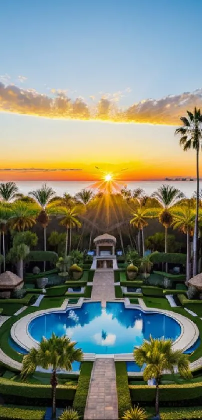 Tropical sunrise over lush gardens with ocean view and palm trees.