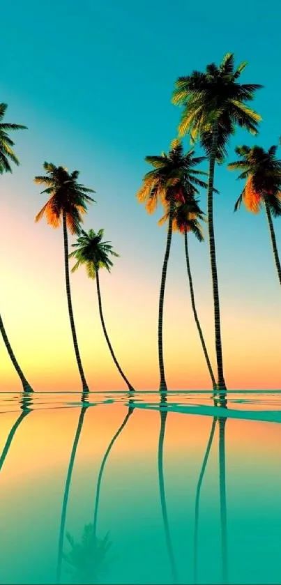 Tropical sunrise with palm trees reflecting in turquoise waters.