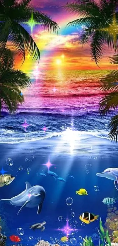 Vibrant tropical sunset with ocean and marine life wallpaper.