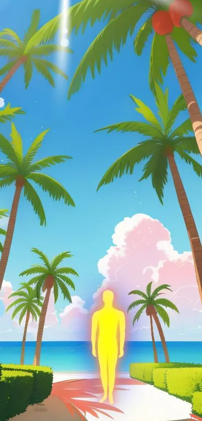 Animated sunset beach wallpaper with palm trees and vibrant colors.