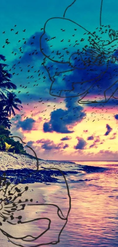 Tropical beach sunset with floral art overlay in vibrant colors.