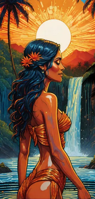 Tropical paradise with woman by waterfall at sunset.