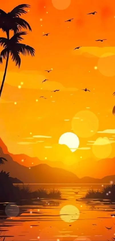 Illustrated tropical sunset with palm trees and orange sky.