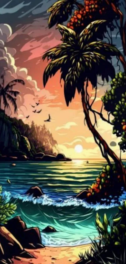 Artistic tropical sunset with waves and palm trees in vibrant colors.